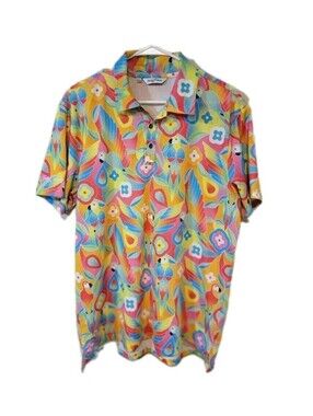 Mens Kenny Flowers Parrots Of The Caribbean Funky Color Short Sleeve Polo Large